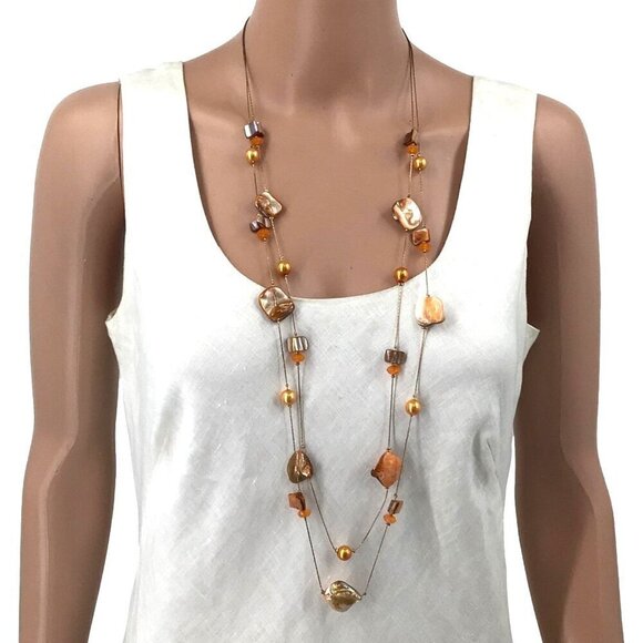 Seashell Beaded Necklace Double Strand Gold Tone Fall Tones - Picture 1 of 4